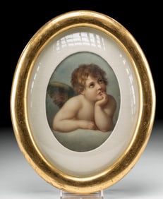 19th C. European Porcelain Painted Tile w/ Putto
