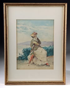 Arturo Orselli Watercolor - Victorian Woman by the Sea