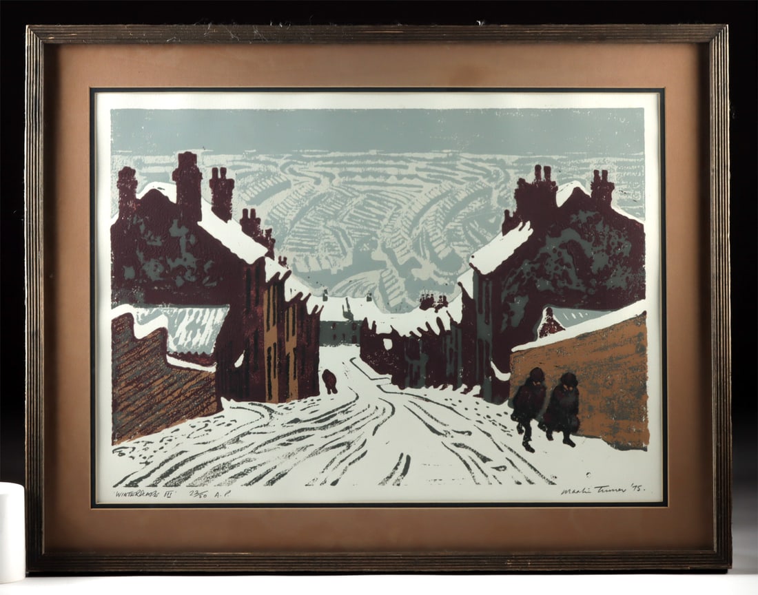 Martin William Turner Linocut - "Winterscape III" 1975: **Originally Listed At $300** Martin William Turner (England, 1940-2006). "Winterscape III" linocut, 1975. Artist's Proof. Edition 22 of 50. Hand-signed, dated, titled, and editioned beneath plate. A