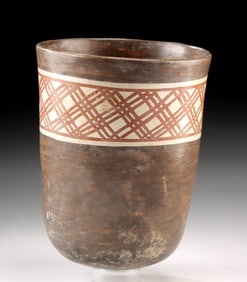 Nazca Pottery Cylinder Kero Vessel w/ Hatched Motif