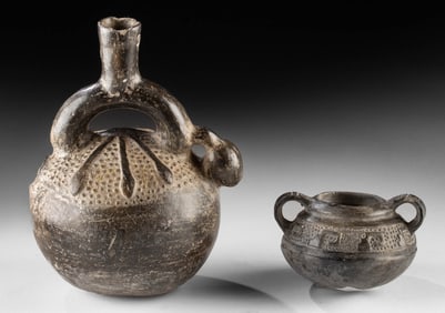Two Chimu Blackware Vessels - Ulluchu Fruit & Spirals