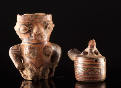 Nicoya Pottery Female Figure & Feline Whistle