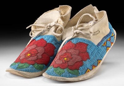 Native American Shoshone Beaded Moccasins, Rose Motifs