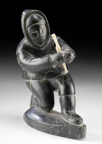 Inuit Soapstone Carving of Kneeling Man with Bone Knife