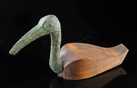 Late Period Egyptian Bronze Ibis Head on Wood Body
