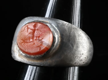 Roman Silver & Carnelian Intaglio Ring - Cupid & Shrimp