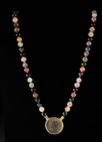 Roman Coin Pendant on Rutilated Quartz Bead Necklace