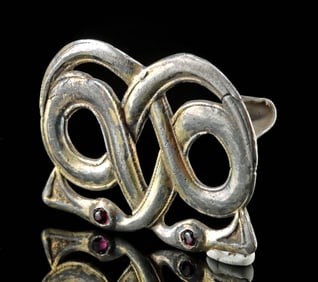 Viking Gilt Silver Entwined Serpent Brooch w/ Garnets