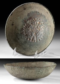 Antique Sassanian Empire Bronze Bowl with Stork Motif