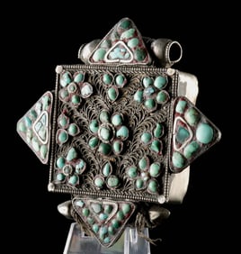 Tibetan Brass & Turquoise Gau Prayer Box Pendant