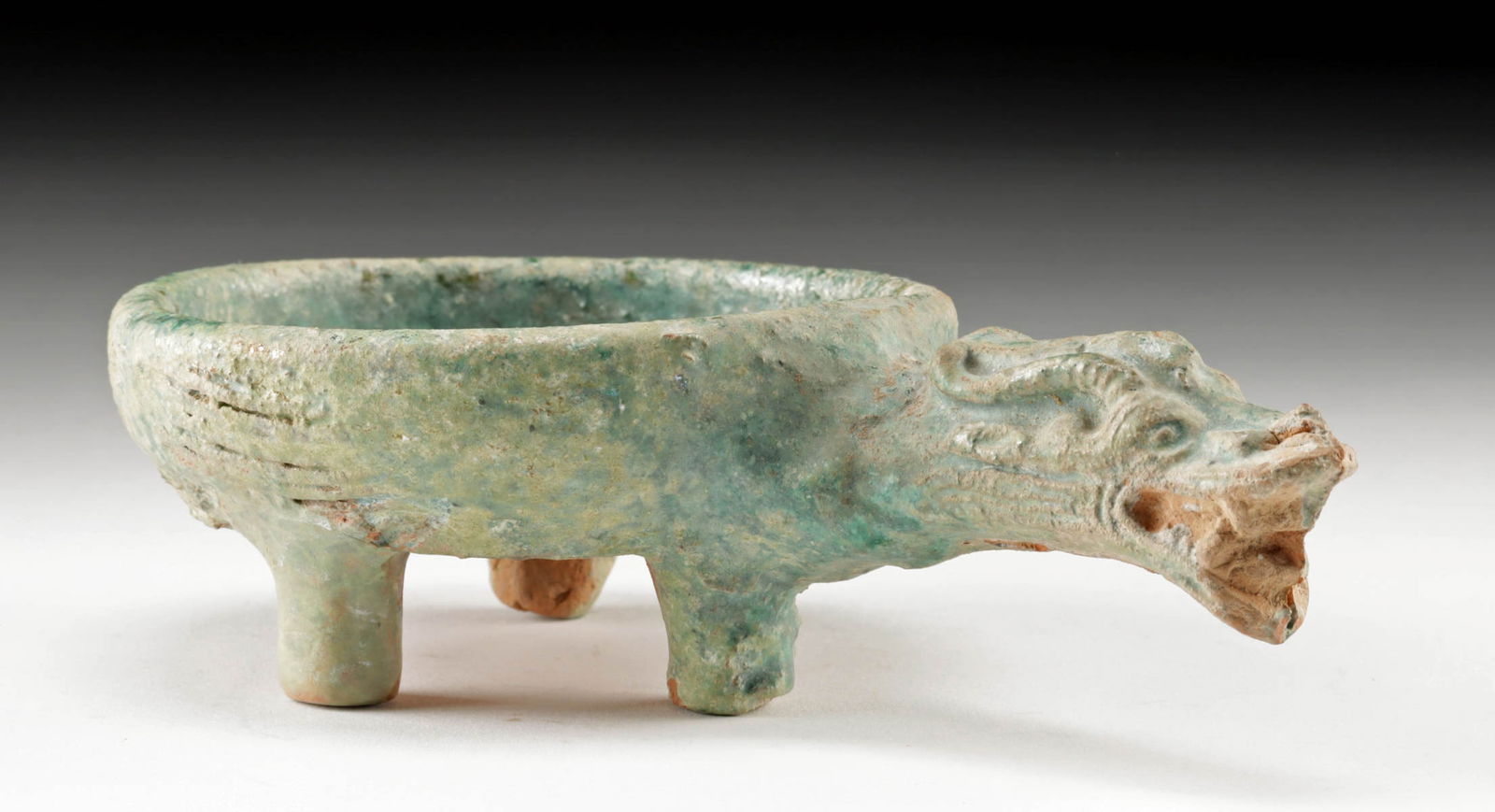 Han Dynasty Green-Glazed Tripod Dish w/ Dragon Handle (1 of 4)