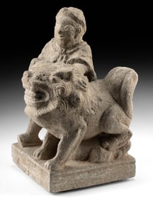 Chinese 19th C. Qing Dynasty Stone Fu Lion & Attendant