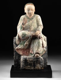 19th C. Chinese Qing Painted Wood Seated Luohan / Arhat