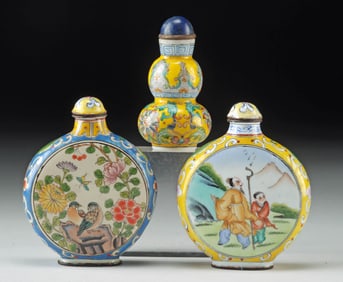Three Chinese Snuff Jars - Enameled Copper & Porcelain