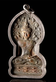 18th C. Thai Lead Seated Buddha Plaque in Silver Frame