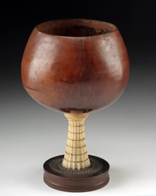 19th C. Europe / Asia Coconut Cup w/ Fluted Stem, Wood Foot