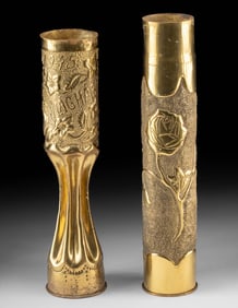 Trench Art Shell Case Vases - Hungarian “World War Memory” + High-Relief Rose