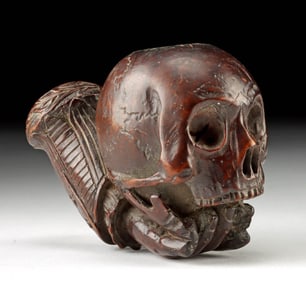 18th C. European Wood Pipe Bowl - Memento Mori Skull
