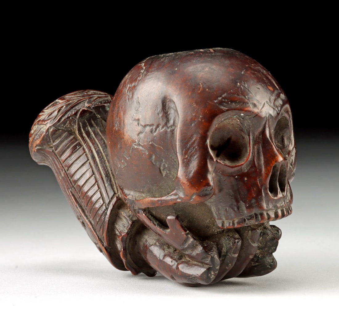 18th C. European Wood Pipe Bowl - Memento Mori Skull (1 of 4)