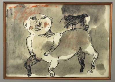 Yang Yang Mixed Media Drawing of Pig Centaur w/ Crow