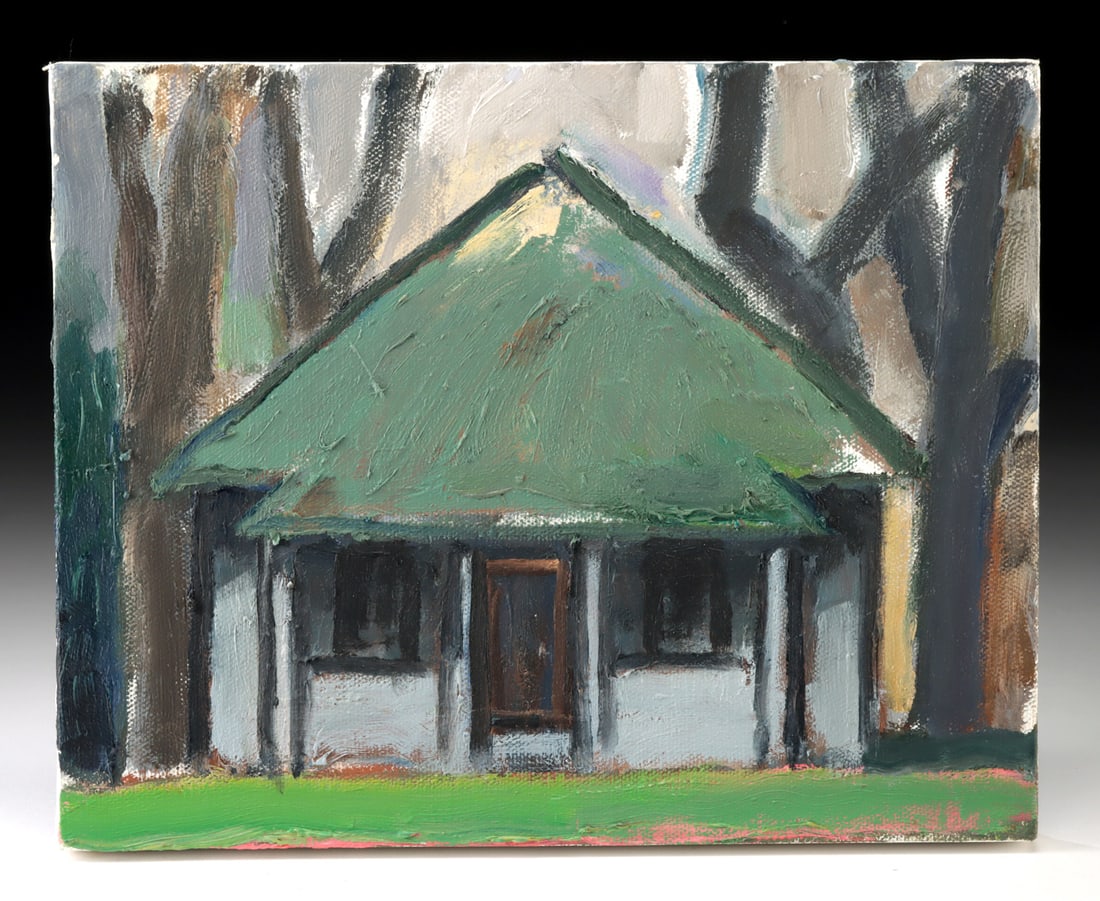 Lockwood Dennis Painting "House 23" (2009): Lockwood "Woody" Dennis (American, 1937-2012). "House 23" oil on canvas, 2009. Signed, dated, and numbered on verso. A solitary house, rendered with a quiet gravity, emerges from a grove of somber tre