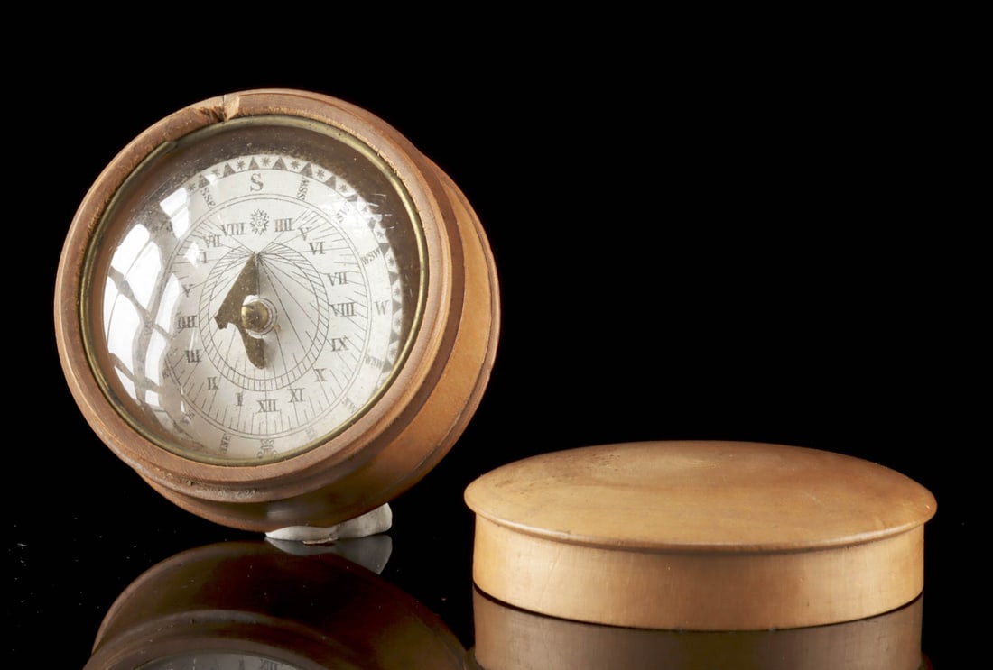 19th C. English Pocket Pantochronometer (Sundial Compass): Western Europe, England, Georgian to early Victorian era, ca. late 18th to early 19th century CE. A finely turned wood pocket pantochronometer, also known as a floating-card sundial compass, an elegan