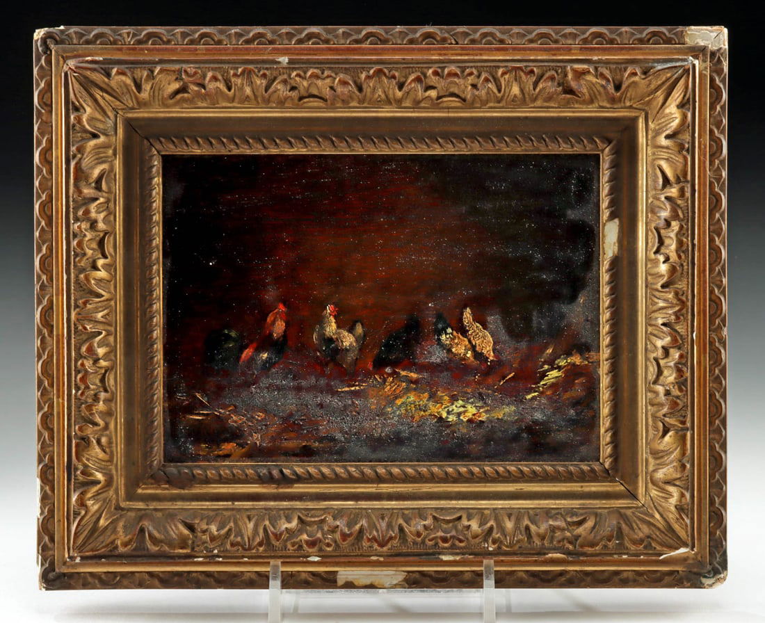 19th C. Charles Emile Jacque Painting - Chickens: Charles Emile Jacque (French, 1813-1894). Chickens. Oil on board, n.d. Signed at lower left and on verso. A rustic vignette by Charles Emile Jacque, this intimate oil on board captures four chickens c