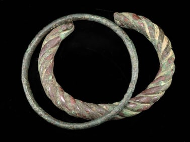 Two Ancient Celtic Bronze Arm Bands, Circular & Twisted