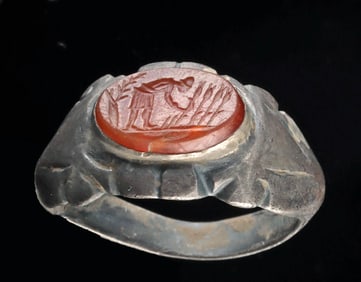 Roman Silver Ring w/ Carnelian Intaglio of Reaper