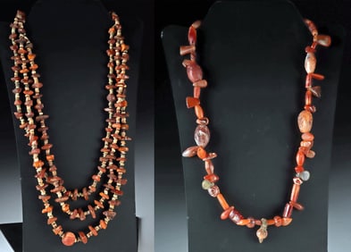 Two Multicultural Faience, Agate & Amber Bead Necklaces
