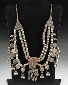 20th C. Yemenite Silver Necklace Beads, Bells & Coins