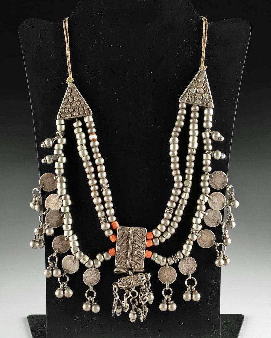 20th C. Yemenite Silver Necklace Beads, Bells & Coins (1 of 3)