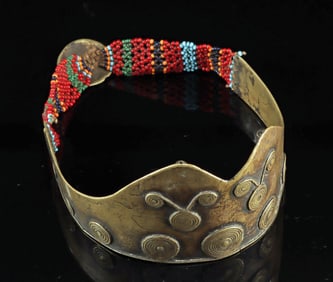 20th C. Naga Brass Crown w/ Spirals & Beaded Strap