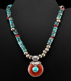 Tibetan Turquoise & Coral Beaded Necklace & Pendant