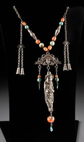 Chinese-Mongolian Silver Necklace w/ Coral & Turquoise