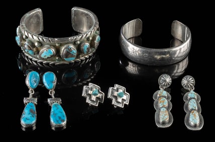 Navajo & Zuni Sterling Silver Turquoise Jewelry, 5 pcs