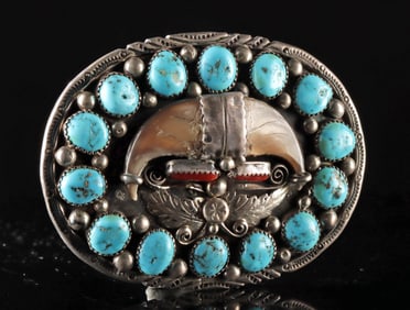Navajo Silver Belt Buckle: Turquoise, Bear Claws, Coral