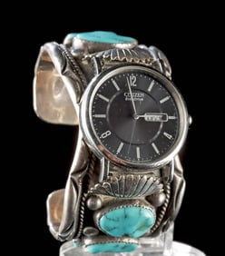 Navajo Silver & Turquoise Watch Cuff by Orville Tsinnie
