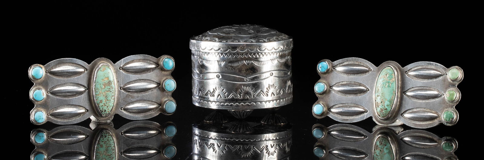 Navajo Silver Box & 2 Concho Belt Segments w/ Turquoise (1 of 2)