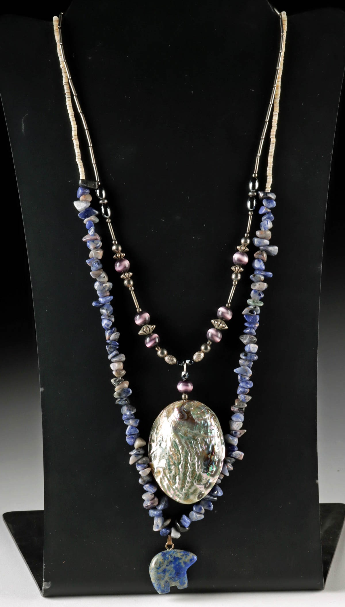Southwestern Necklaces w/ Abalone & Zuni Lapis Bear: Southwestern United States, possibly Zuni Pueblo, ca. late 20th to 21st century CE. A pair of necklaces in Southwestern United States / Native American styles. The first necklace features a small abal