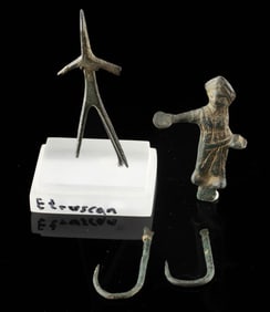 Two Etruscan Figures & Two Roman Copper Fish Hooks