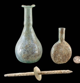 2 Roman Glass Vessels + Bone Spindle / Whorl
