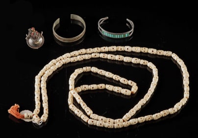 Bone Japamala with Nepali & Tibetan Cuffs & Snuff Jar