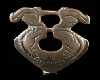 Tibetan 14th C. Bronze Tokcha Talisman w/ Makara Heads