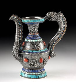 Tibetan Silver Dragon Ewer w/ Turquoise, Lapis, & Coral