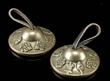 Tibetan Bronze Tingsha with Eight Auspicious Symbols