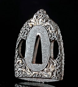 Japanese 19th C. Edo Iron Tsuba, Gilt Dragons