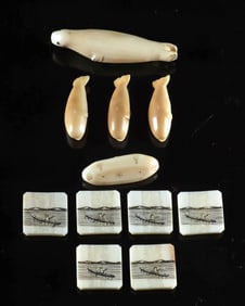 Eleven Inuit Walrus Ivory Buttons, Game Pieces & Beads