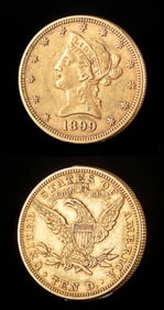 1899 Gold USA Eagle & Liberty Head $10 Coin, Very Fine!