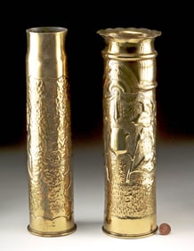 World War I Trench Art Vases, Two Brass Shell Casings